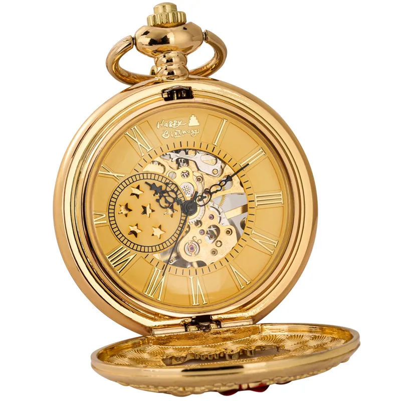 Silver/yellow Gold Pocket Watch Hollow Out Happy Birthday Cake Design Unisex Hand Winding Mechanical Clock Timepiece with Chain