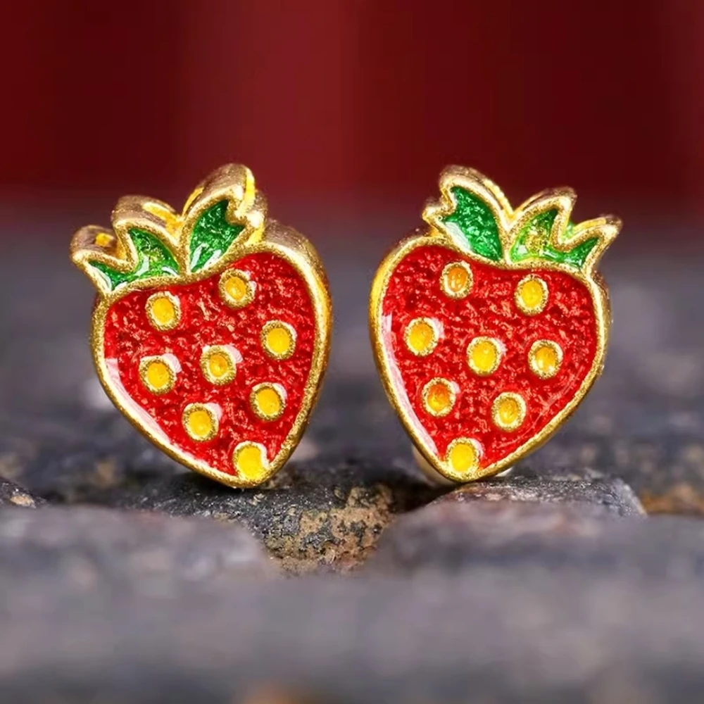 

1PCS Real Pure 999 24K Yellow Gold Bead Men Women Lucky Enamel Strawberry Pendant 0.7-0.8g