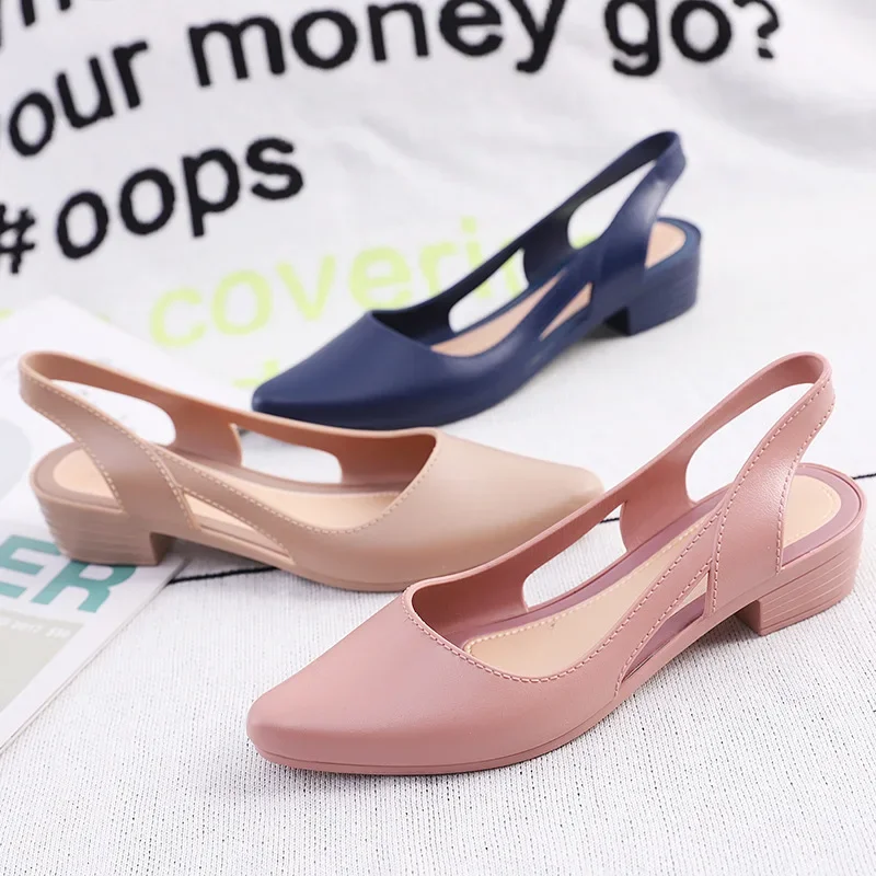Women Jelly Sandals Pointed Toe Chunky Med High Heels Flip Flops Slingback Casual Candy Skidproof Beach Shoes women sandals women high heels wedge sandals