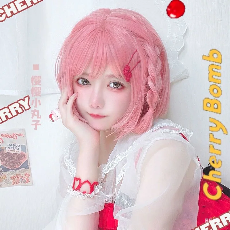 

Pink Short Bob Straight Synthetic Wig with Bangs for Cosplay Lolita Fake Hair for Women Party Natural Wig High Temperature