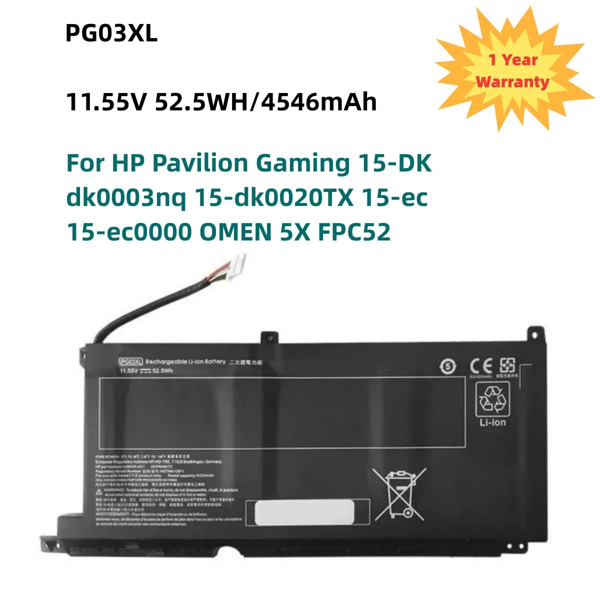 

PG03XL Battery For HP Pavilion Gaming 15-DK dk0003nq 15-dk0020TX 15-ec 15-ec0000 OMEN 5X FPC52 HSTNN-DB9G L48430-2B1