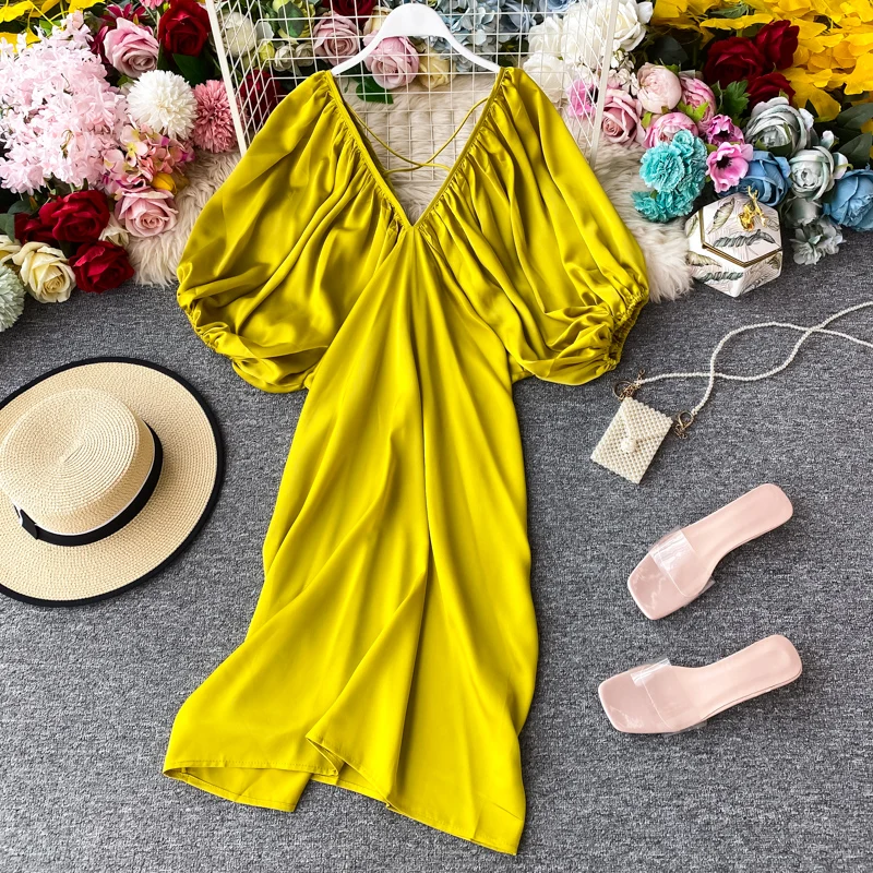 

Summer Women's Dress Korean Casual Solid Color V-neck Lantern Sleeve Dress New Loose and Thin Short Feamle Dresses HH290