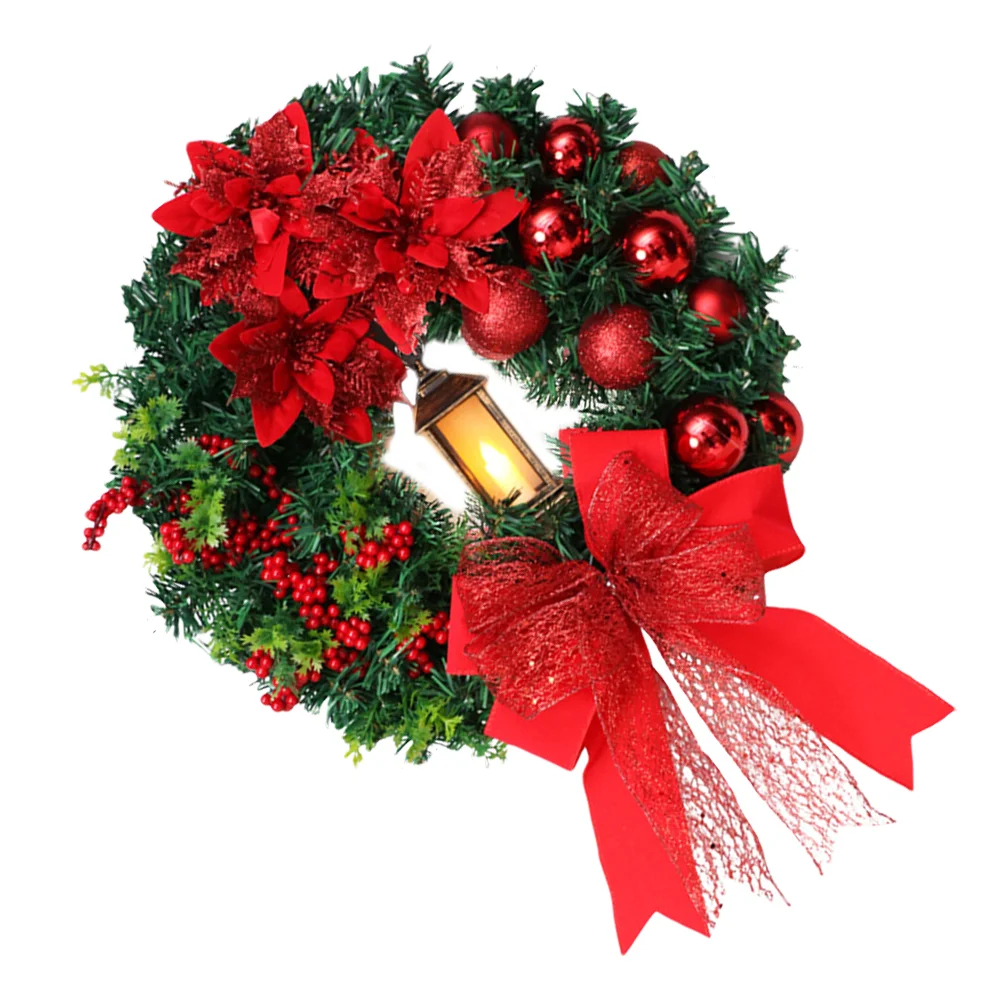 

Christmas Wreath Xmas Outdoor Operated Led Oil Lamp Holiday Red Bow Front Door Decoration