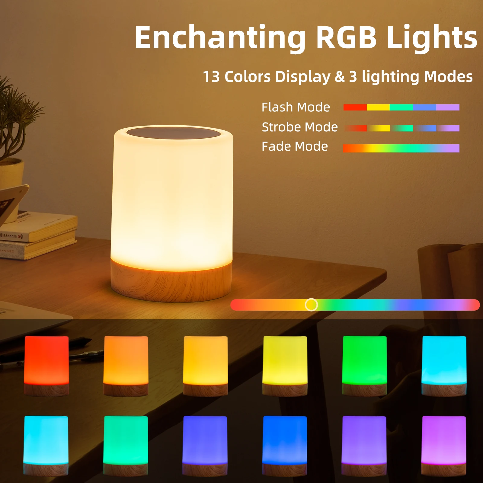 RGB 16색 USB 충전식 야간 조명, 침실, 책상 및 식당 장 터치 컨트롤 침대 옆 테이블 램프