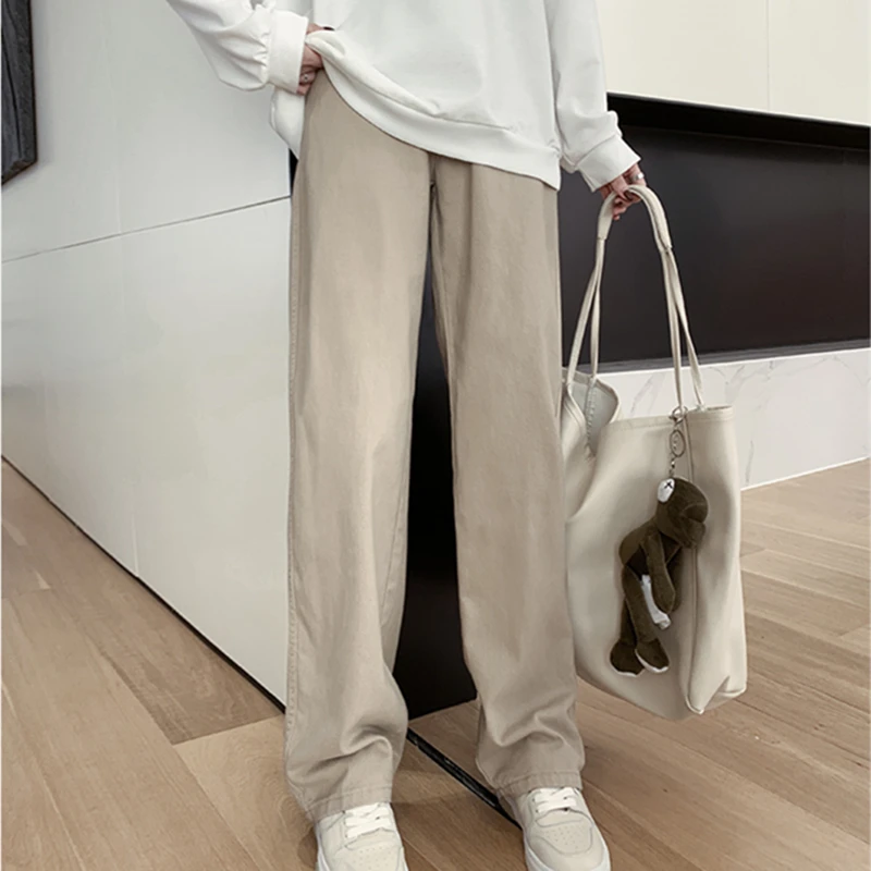 Korean Fashion Khaki Basic Women's Jeans 2022 Trend Casual Trousers Woman High Waist Y2K Streetwear Straight Wide Leg Pants