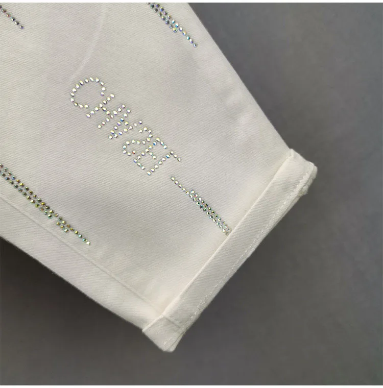 Calças de Brim de Cintura Jeans para Mulheres Alta Moda Feminina Diamantes Carta Soltas Tamanho Grande Estiramento Jeans Primavera Verão Denim Lápis Calças 19 Computers & Electronics