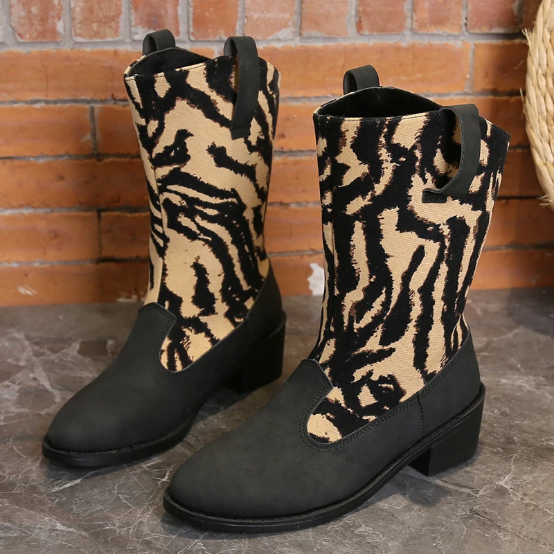 2024 Winter Fashion Women's Chelsea Boots Embroidered Western Cowboy Boots Thick Sole Ethnic Style Long Boots for Women