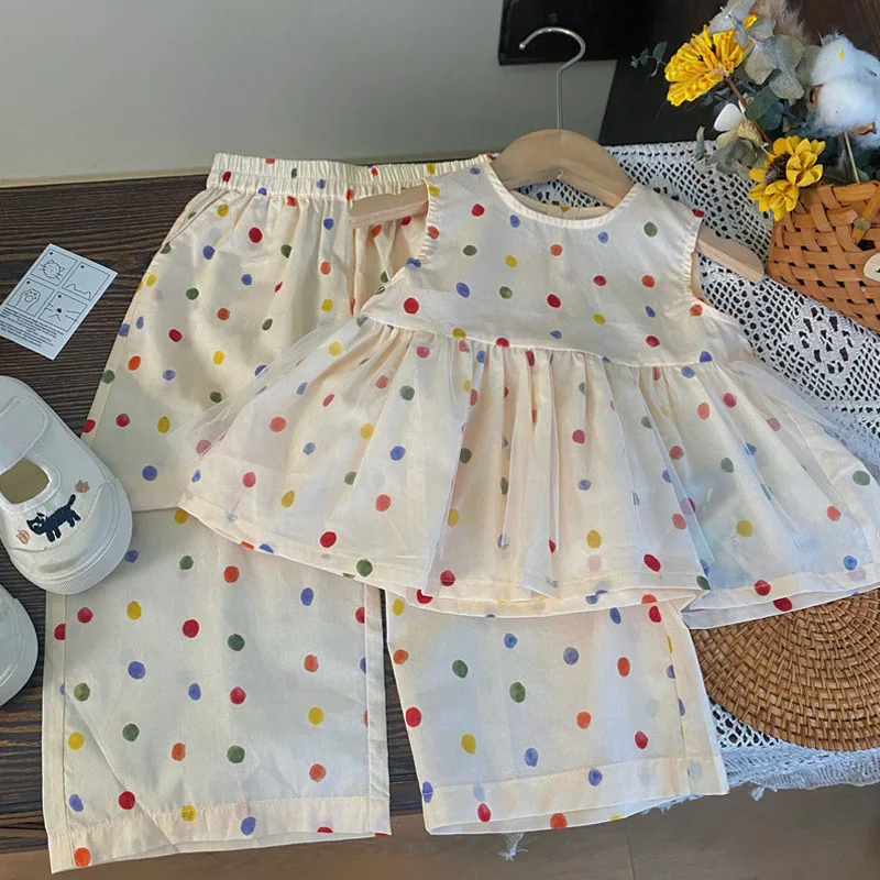 

Летнее платье для девочек 2024, детский Модный Цветной Топ в горошек без рукавов, повседневные штаны, комплекты из двух предметов