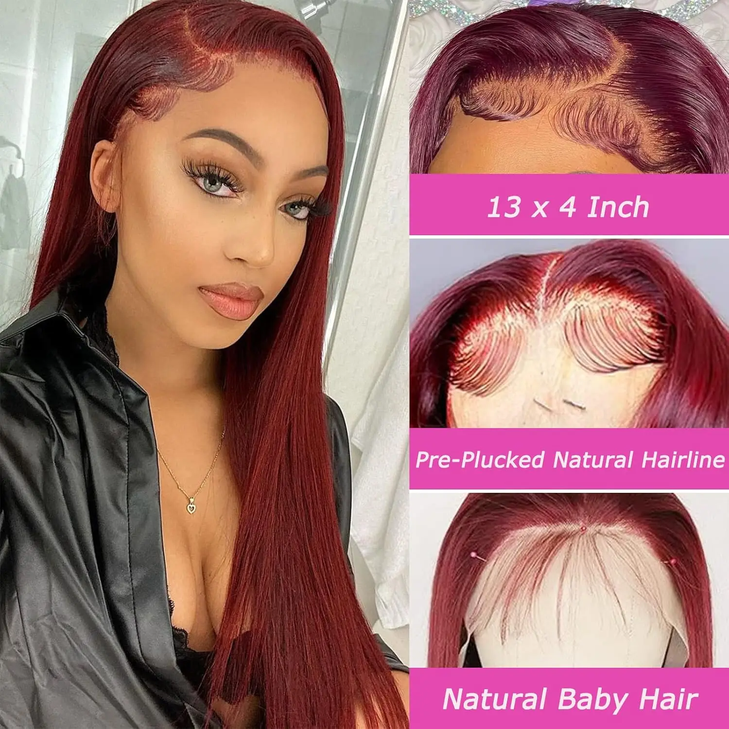 28 Inch 99J Straight Lace Front Wigs Human Hair Red Colored Wig Pre Plucked with Baby Hair for Black Women