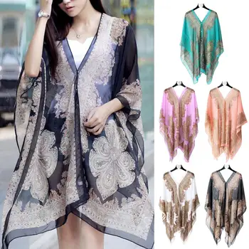Woman Chiffon Blouse Fashion Women Scarf Shawl Printed Sunscreen Sun Protection Shawl Beach Shawl Soft Loose Bikini Cover Tops 1