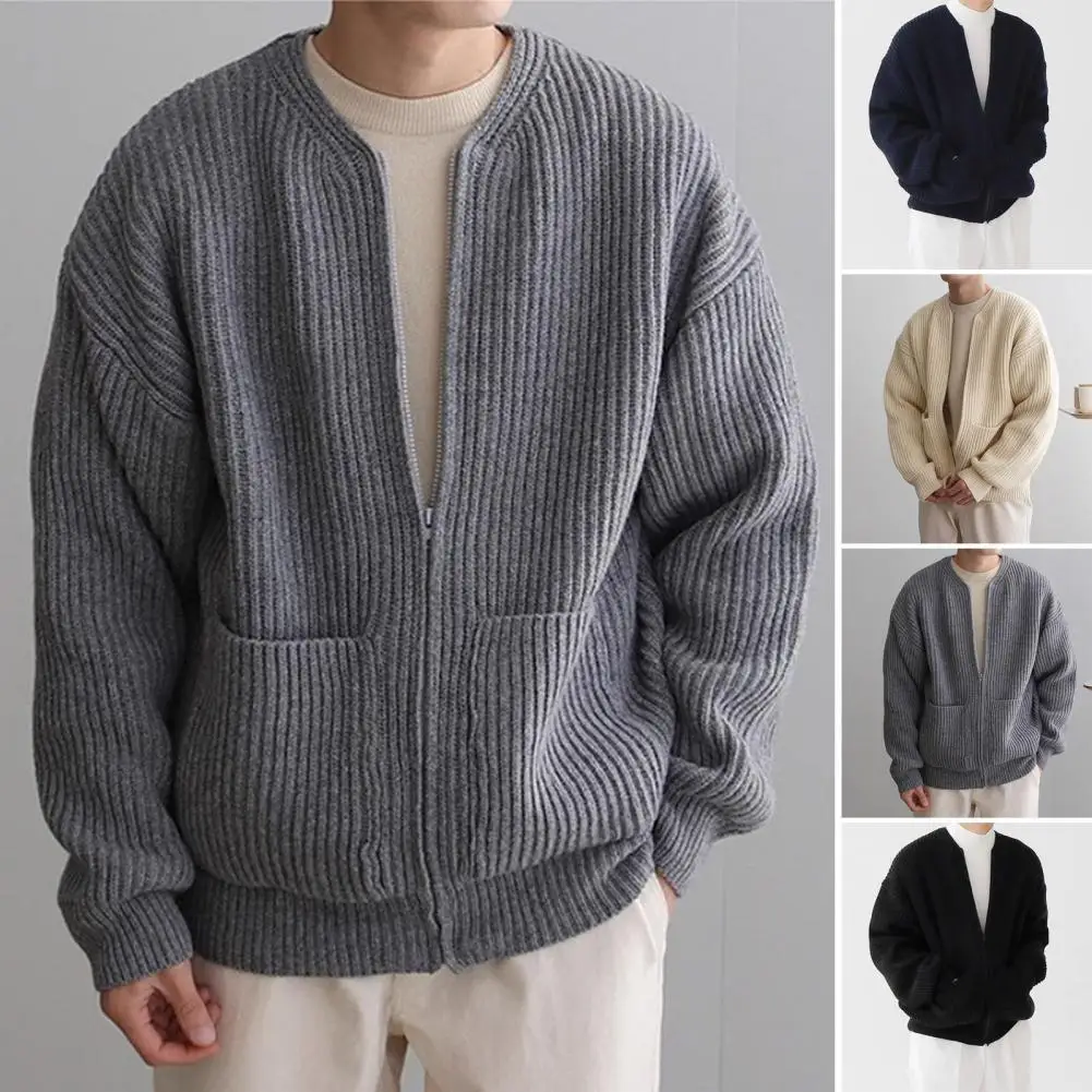 Men Autumn Winter Solid Color Cardigan Coat Collarless Long Sleeve Zipper Placket Pocket Knitted Sweater Coat knitted cardigan knitted sweater coat sweater coats fleece cardigan