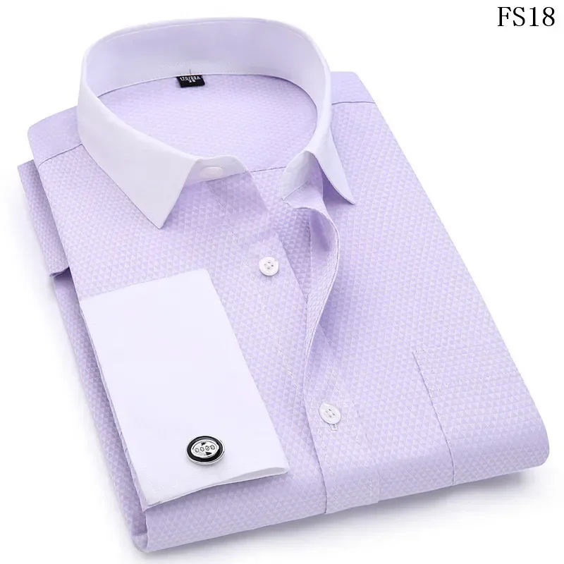 Large size Men French Cufflinks Shirts White Collar Design Solid Color Jacquard Fabric Male Gentleman Dress Long Sleeves Shirt