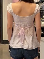 Pink Floral Print Cinched T-shirt Blouse Women Sexy Folds Square Collar Lace-up T-shirts Summer Sweet Vintage Backless Tops Tees - Image 3