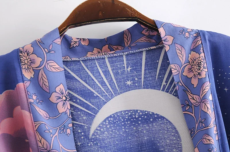 Bohemian Kimono Women V Neck Batwing Sleeves Floral Print Sashes Short Robe japanese kimono clothes