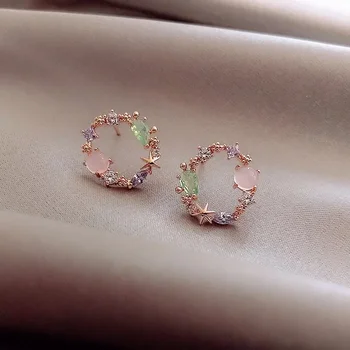 New Korean Classic Round Pink Green Crystal Stud Earrings for Women Sweet Flower Cirlce Jewelry Fashion Brincos Creative Gifts
