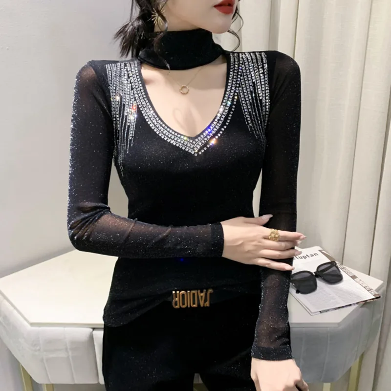 

#8321 Black Blue Purple Mesh T Shirt Women Diamonds Hollow Out Sexy Turtleneck T-Shirt Office Tight Tshirt Female Thin Elastic