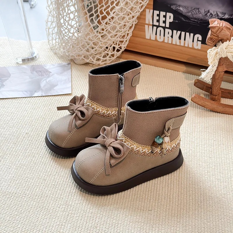 Girls Short Boots Ethnic Style Kids Leather Boots with Simple Bows 2025 Autumn Winter Children Princess Boots Side Zipper Sweet