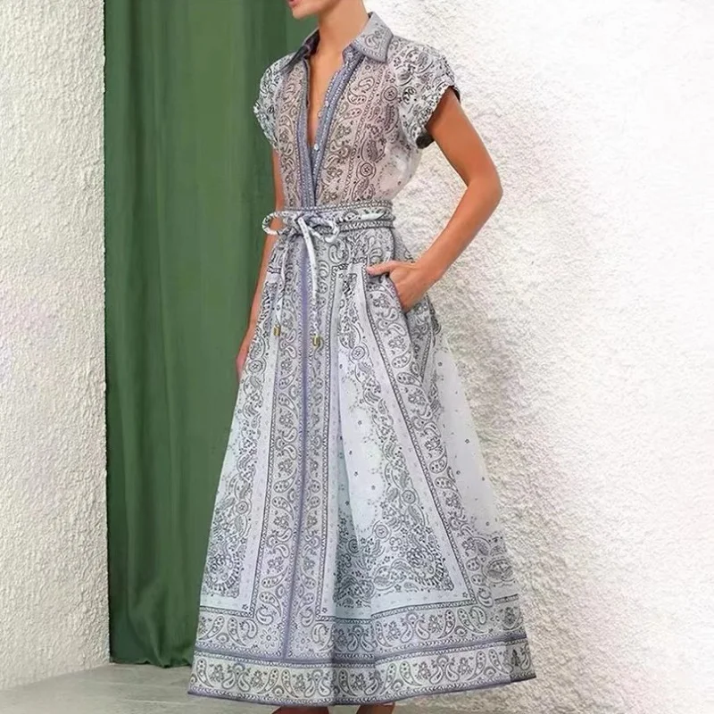 

European Station2023Autumn and Winter New Catwalk Print Positioning Two-Piece High-End Shirt Top Lace-up Long Skirt