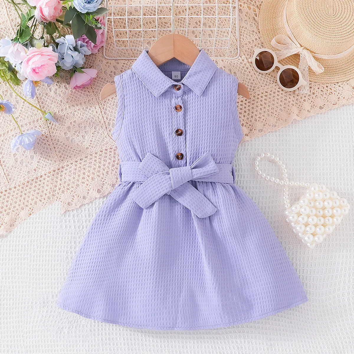 

Summer New Arrival Girls Sleeveless Turn-down Collar Sashes Purple Cute Roupa Infantil Menina Cute Party Dress Custume 18M-7T