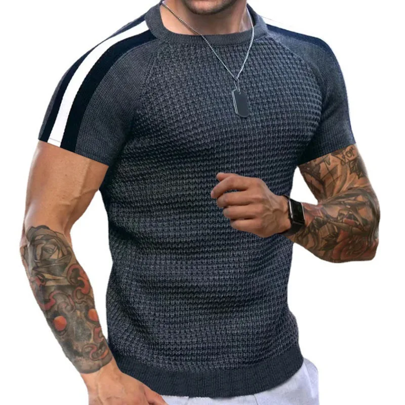 

2023 Summer Waffler Tops T-shirt For Men Round Neck Striped Short Sleeve Casual Tee Tshirt 22195