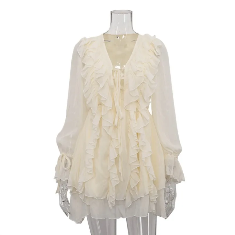 Elegante Abito Corto da Donna in Chiffon Primaverile con Scollo a V, Volant Completo, Coulisse, Maniche Lunghe, Vestibilità Ampia e Fluida, Stile Francese a Trapezio - immagine 6