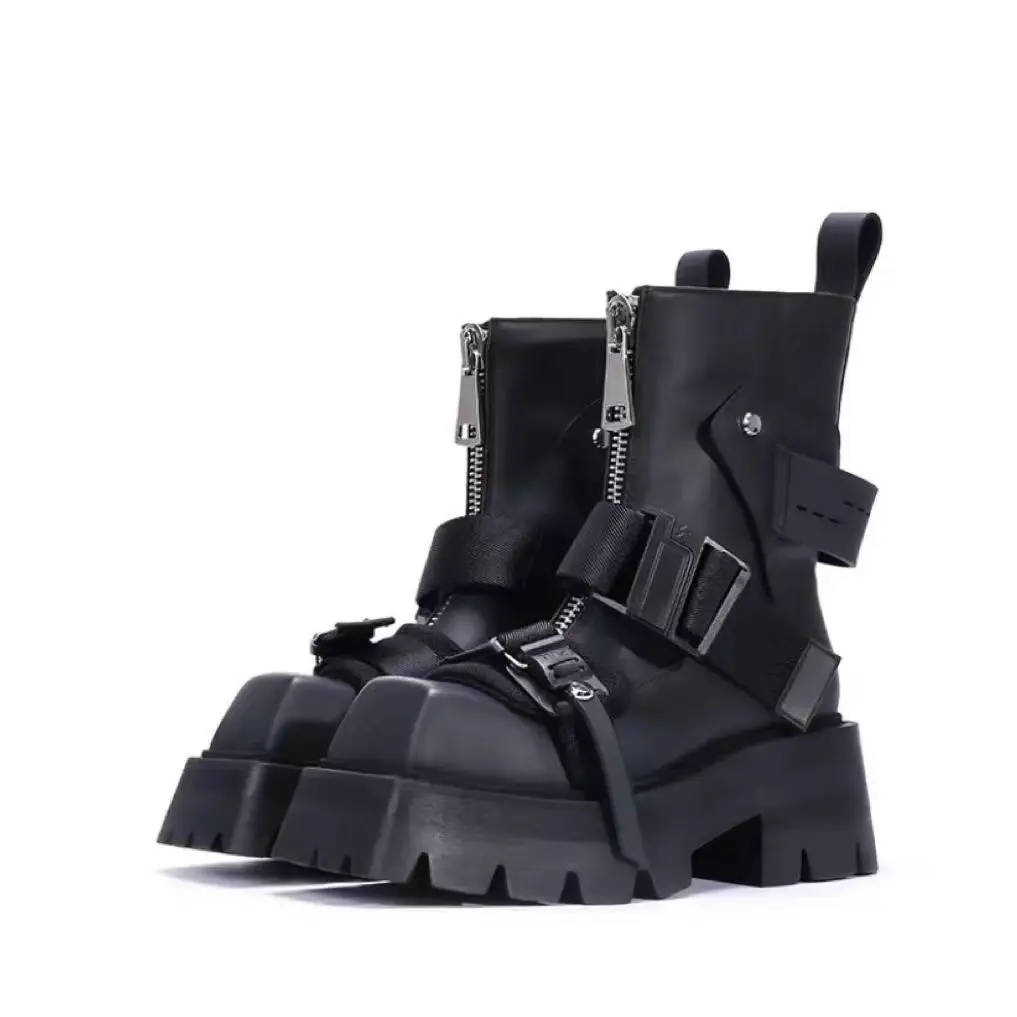 

Leather Motorcycle Boots Platform Autumn Chelsea Women Short Botines Fashion Thick Sole Heels Ankle Boots Slip On Ladies Winter