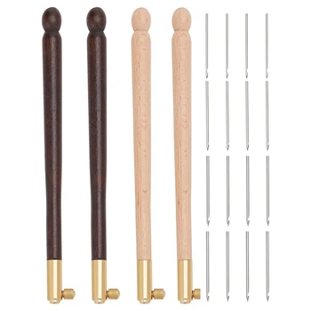 4 Pcs Tambour Hooks Kit With 12 Needles, Embroidery Crochet Hooks Wooden Handle Sequin Beads Needle Set 1