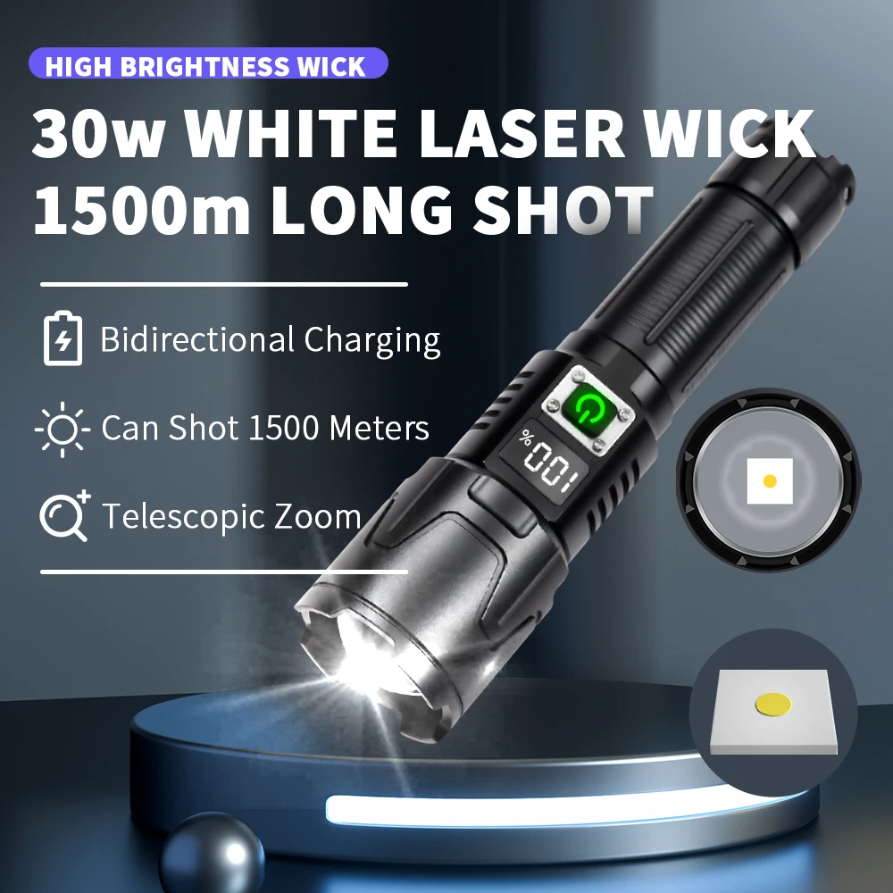 

1500M High Power Spotlight Wick LED Flashlight With Power Display TYPE-C USB Fast Charging Output Input Outdoor Tactical Lamp