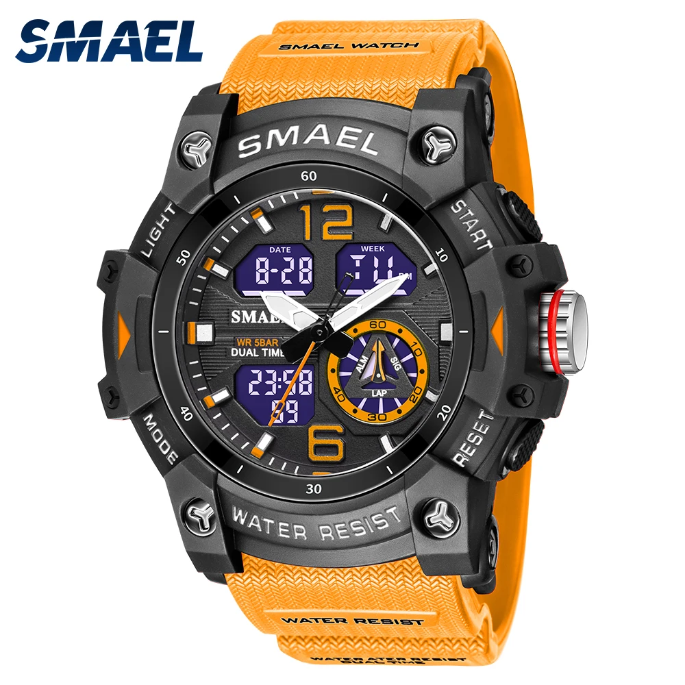 SMAEL Sport Watch Men Alarm Chronograph Clock Stopwatch LED Date-Day Dual Time Zone Waterproof 5Bar Military Men's Watches 8007 multifunctional mesh pen pencil holder digital lcd office desk alarm clock time temperature calendar function