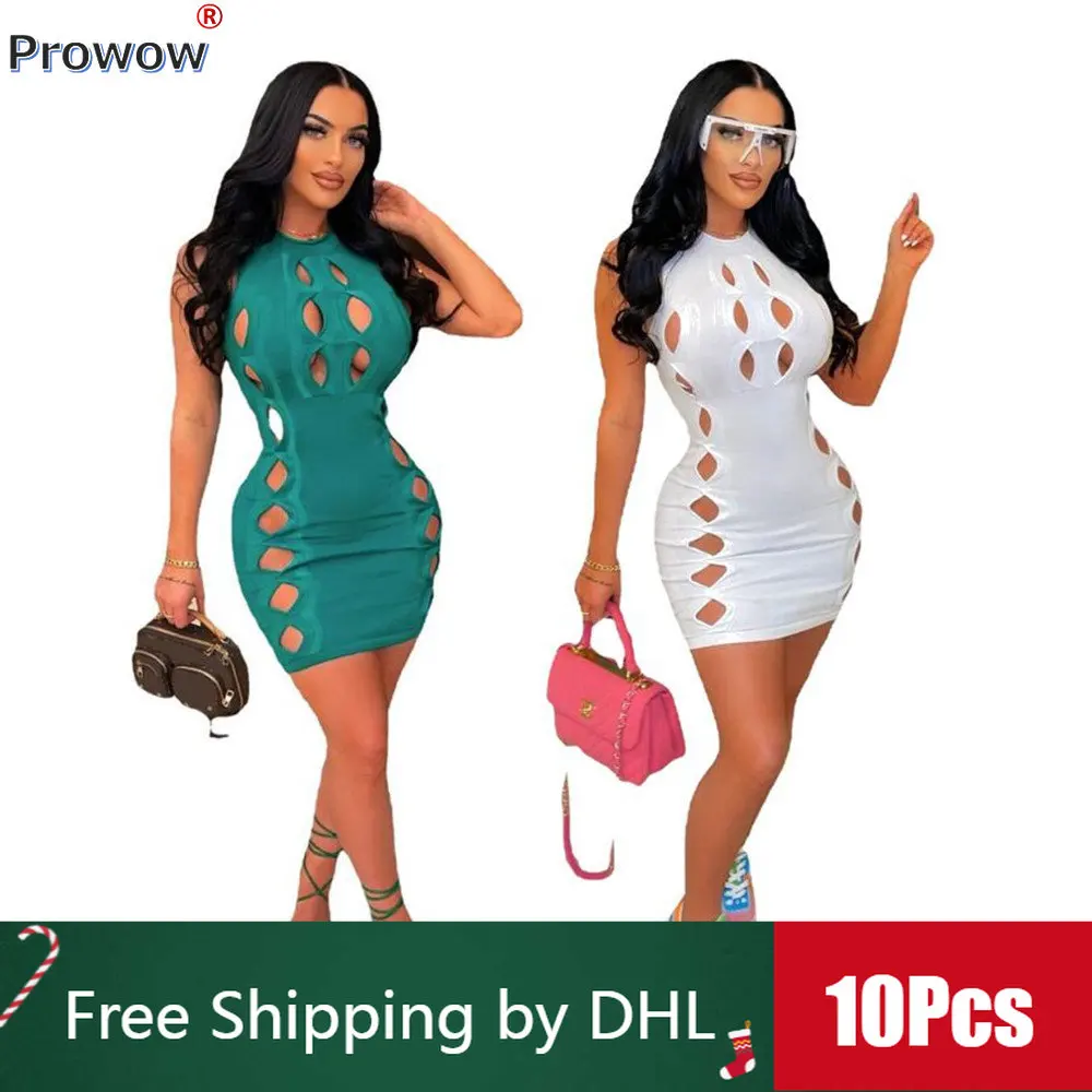 

10 Pcs Bulk Streetwear Mini Dresses 2023 Summer Y2k Sexy Bodycon Dress Solid Women Clothing Hollow Out Sleeveless Wholesale 8008