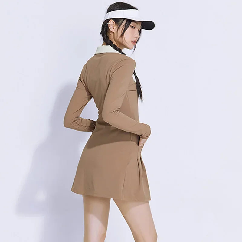 Female V-neck Polo Tennis Dresses Ladies Side Pocket Fleece Workout Dress Women Full Sleeve Warm Sport Skort with Inner Short