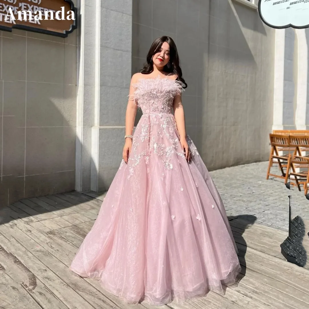 

Amanda Pale Pink Ball Gown Prom Dress Lace Embroidery فساتين سهرة سعودية Off Shoulder Ostrich Hair vestido de festa noite