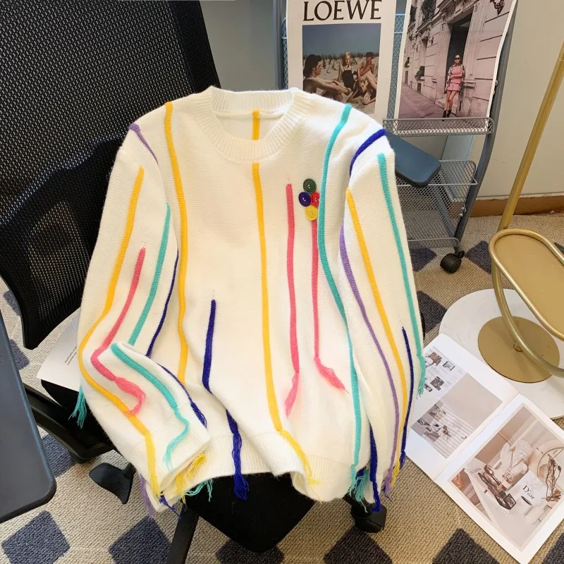 

Женский вязаный свитер в полоску, стильный Свободный пуловер с длинным рукавом и круглым вырезом, Осень-зима 2023