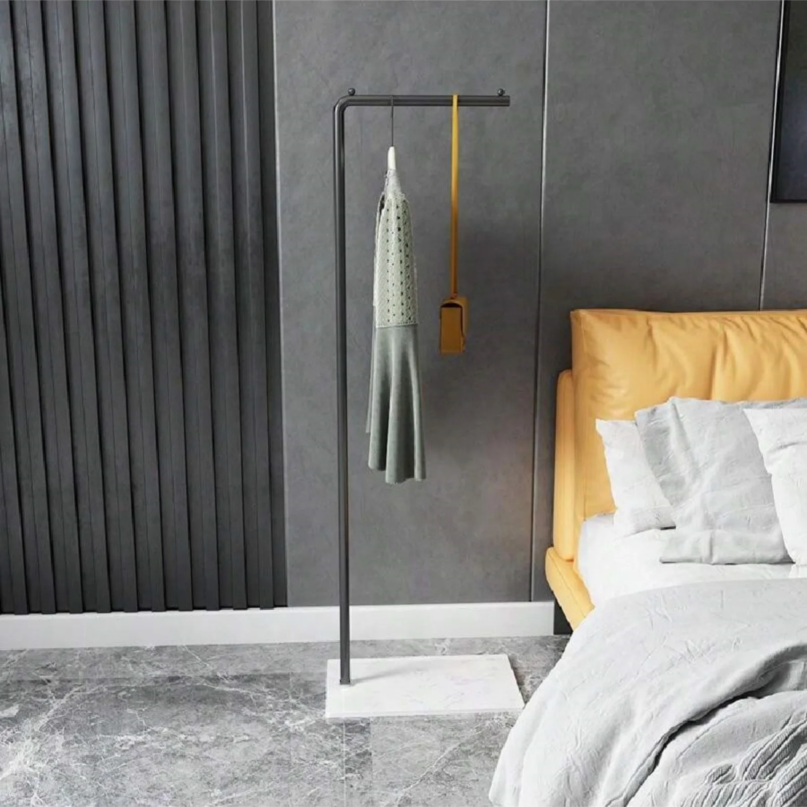 Scandinavian Modern Metal Valet Stand - Freestanding Multipurpose Suit Rack with Special Functions - Bedroom Clothing and Accessories