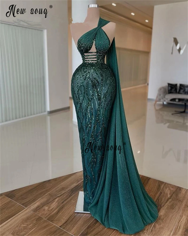 

Elegant Long Cape Sleeve Green Evening Dress Dubai Beaded Wedding Party Gowns Saudi Celebrity Dresses Formal Prom Dresses