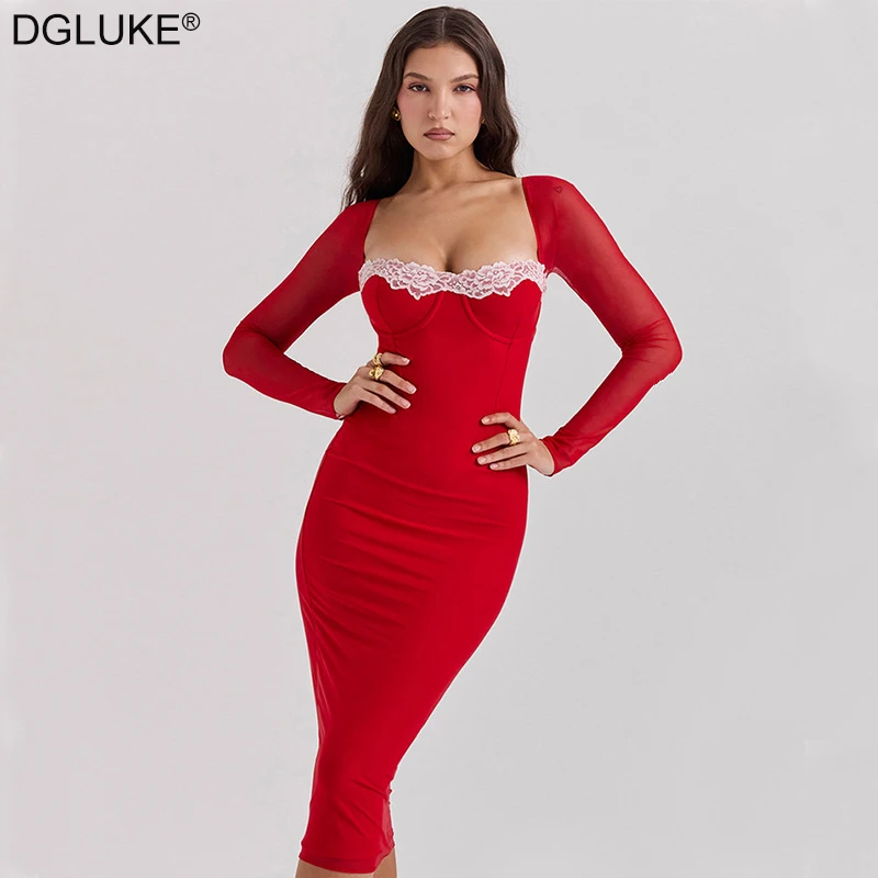

Элегантные женские платья средней длины с кружевом в стиле пэчворк, женское облегающее Сетчатое платье красного цвета с длинным рукавом и шнуровкой, модель 2024 года