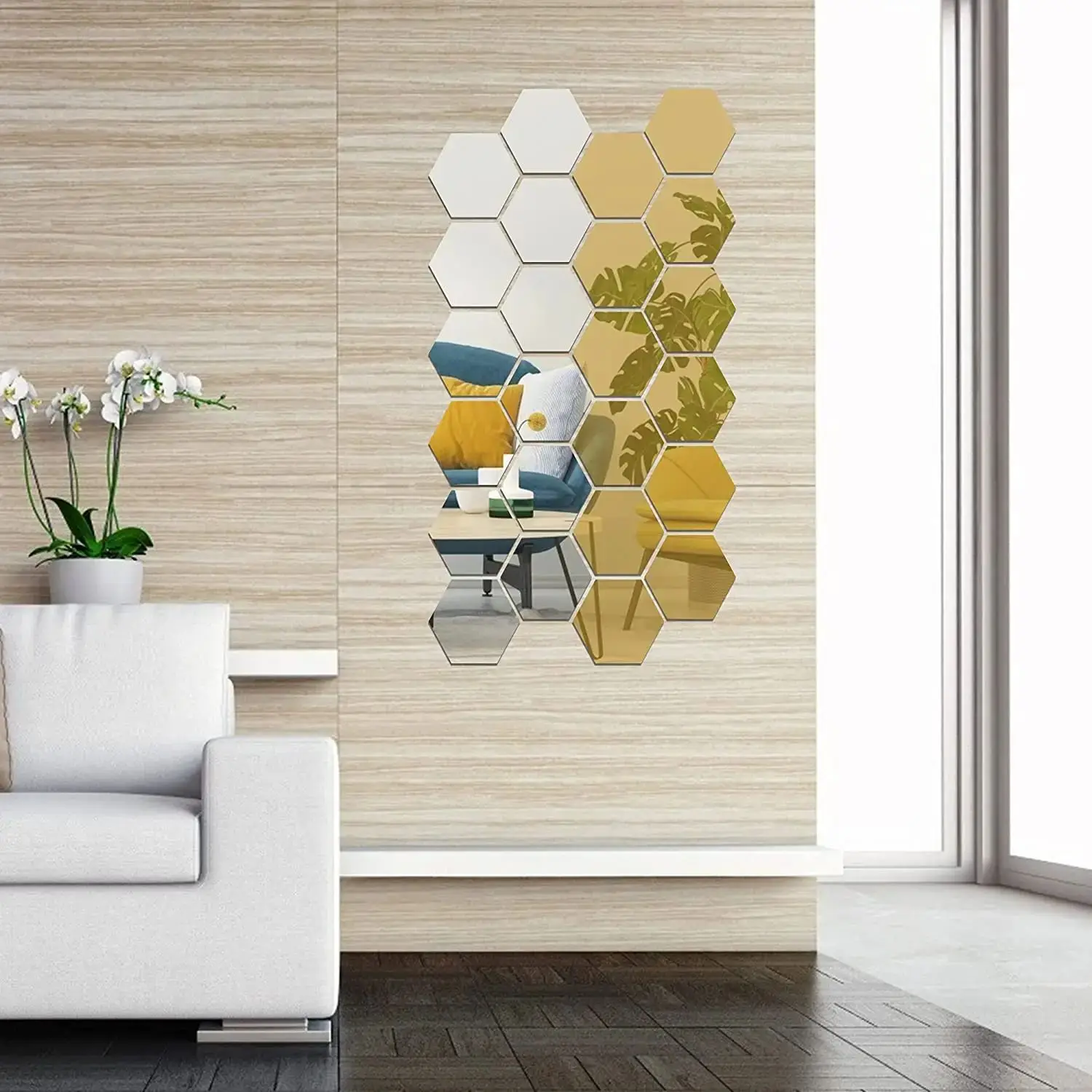 48PCS Hexagon Acrylic Mirror Wall Sticker Self-adhesive Removable Hexagon Decals Mirror Wall Home Room Decoration Mirror