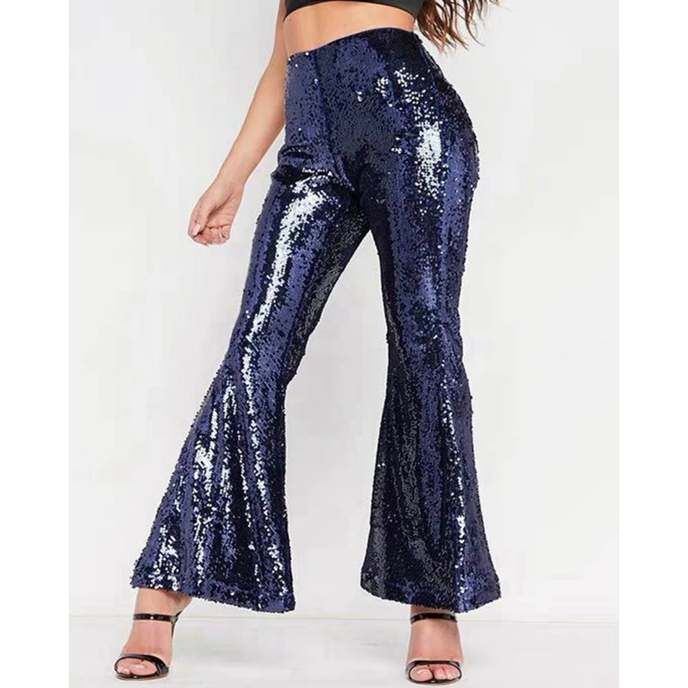 Women Zipper Fly Sequins Design Flared Pants High Waist Ball Party Skinny Pants Boot Cut Streetwear Nightclub Pants Clothing