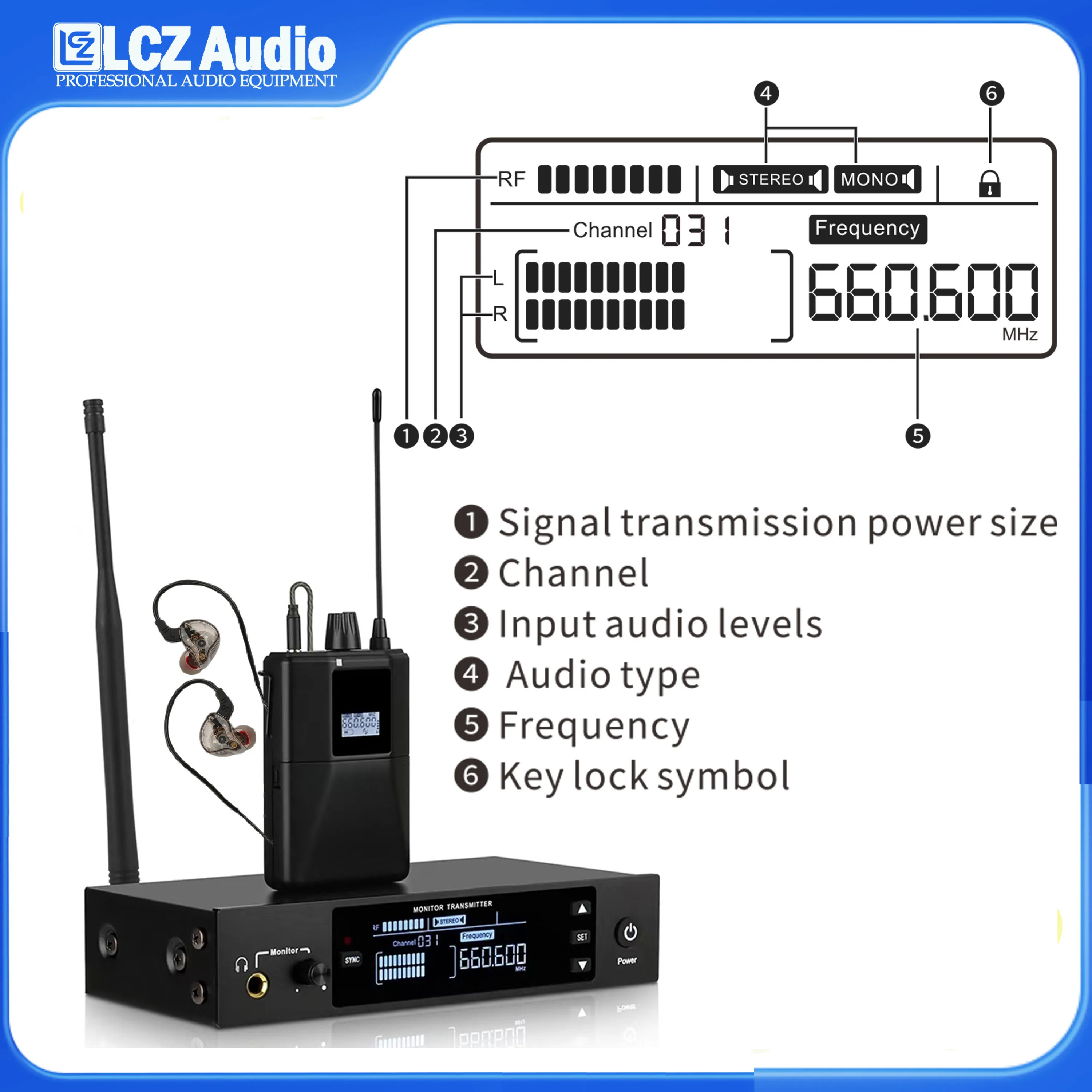 LCZ Audio PSM6 Professional IEM Stereo / Mono Switchable In Ear Monitor Frequency Adjutable From 500Mhz 600Mhz 800Mhz 900Mhz