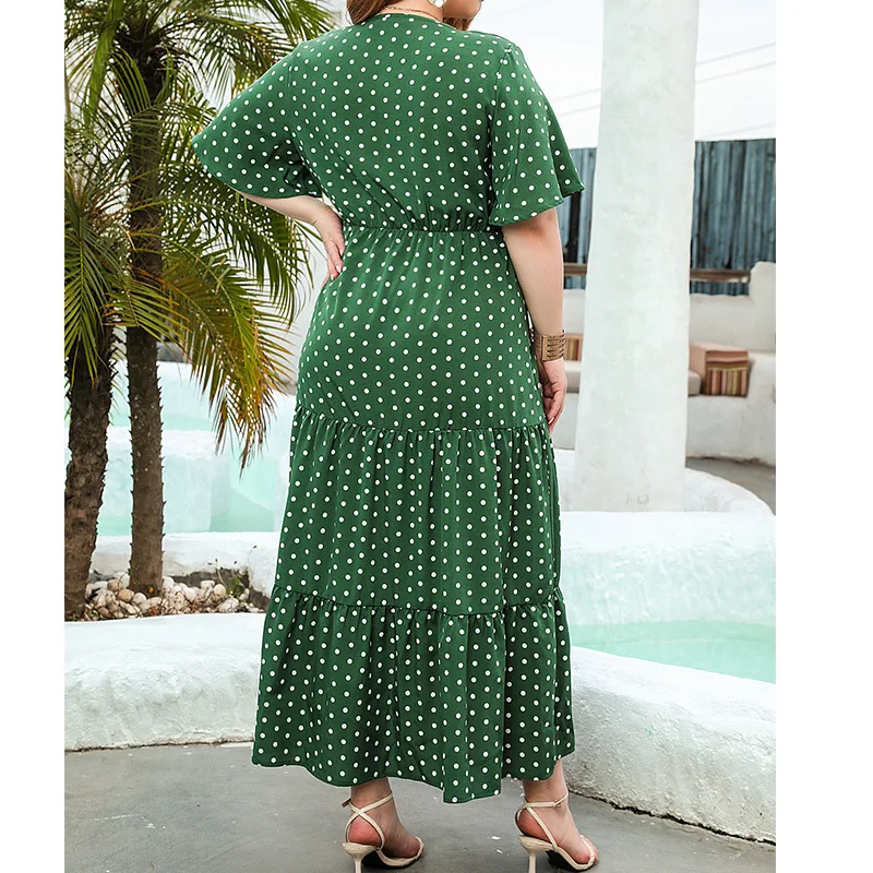 Summer Clothes Women V-Neck Bohemian Polka Dot Print A-line Elegant Pullover Short Sleeve Casual Vacation Midi Plus Size Dresses