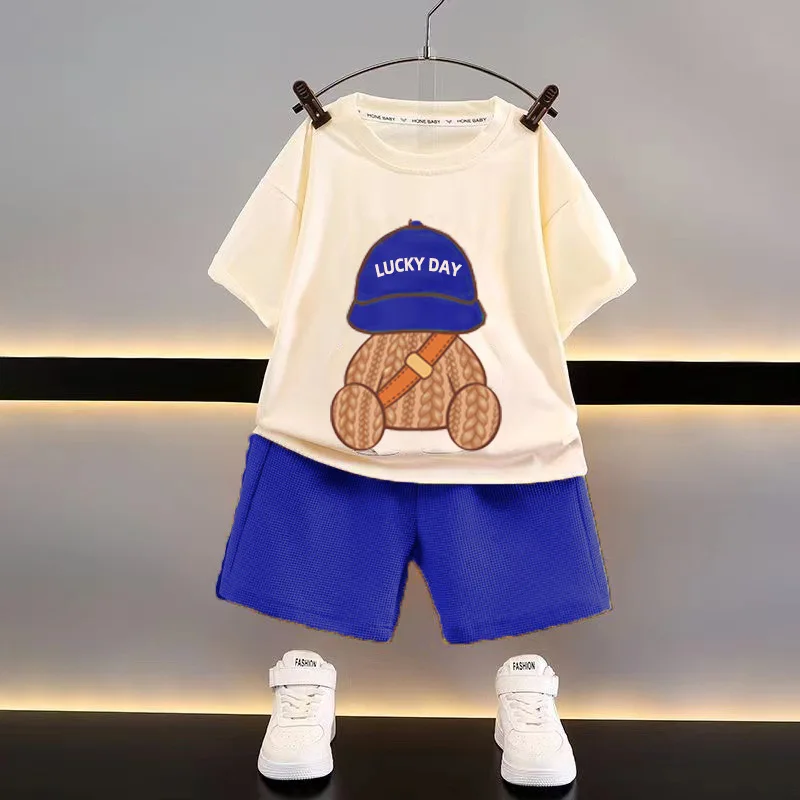 New Boy's Summer Clothing Set Casual Loose T-shirt and Shorts for Boys Drop Shoulder Sleeve Baby T Shirt Sets Carton Hat Bear 1