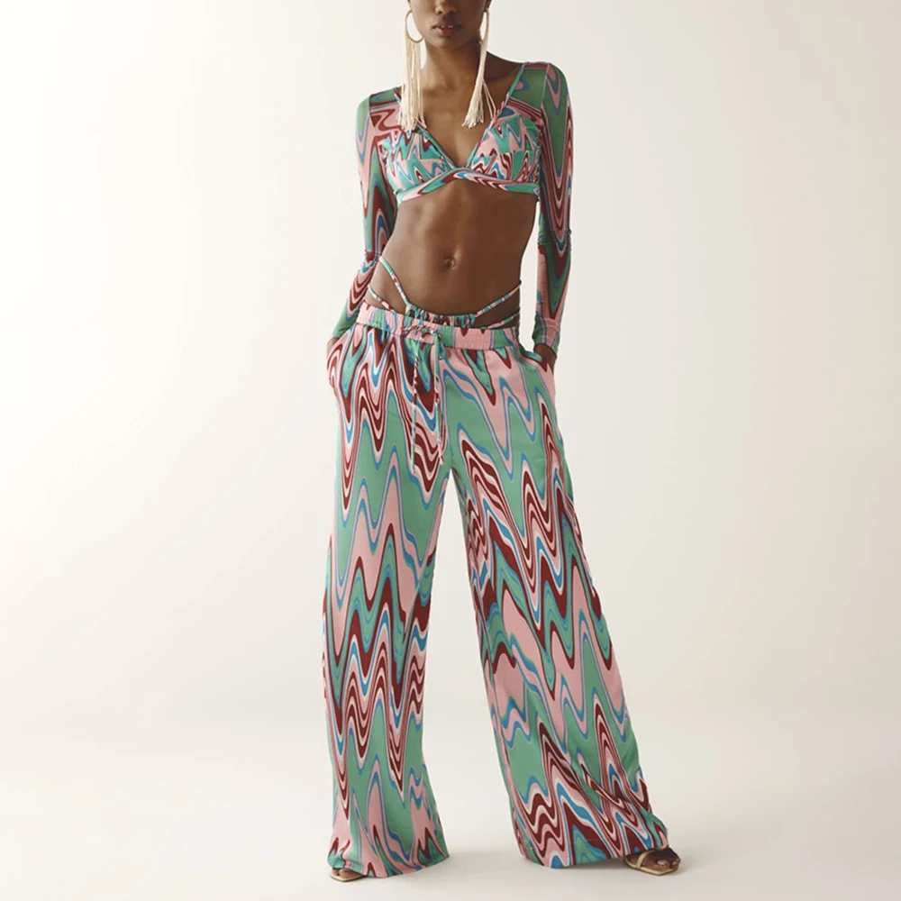 

Бикини женское с V-образным вырезом, модный пикантный купальник с длинным рукавом, с заниженной талией, элегантные брюки, пляжная одежда, 2023