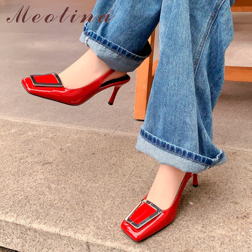 

Meotina Women Genuine Leather Slingbacks Square Toe Thin High Heel Shallow Pumps Fashion Ladies Shoes Spring Summer Red Black