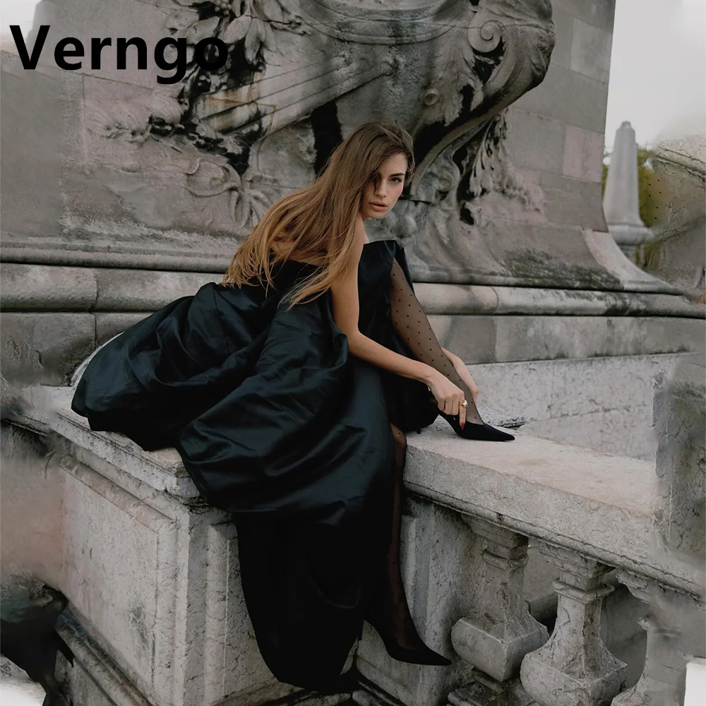 

Verngo Black Satin Party Dress Strapless A Line Prom Gowns For Women French Minimalism Evening Dress Simple Formal Gowns