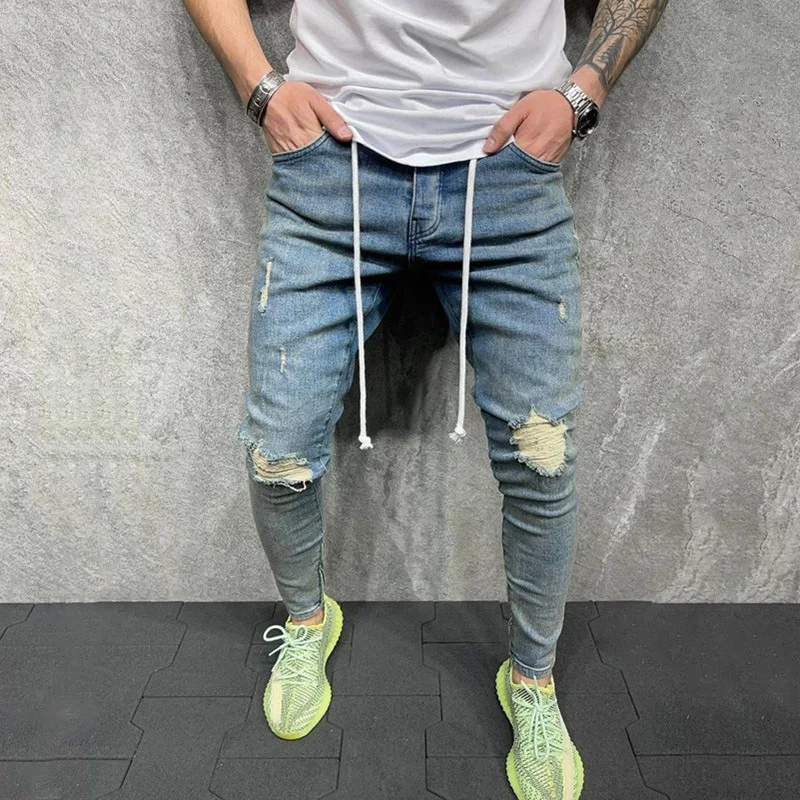 2022 Blue Casual Jogging Jeans for Men Jeans Men Ripped Skinny Hole Trousers Stretch Slim Denim Pants Large Size Hip Hop Jeans tapered fit jeans