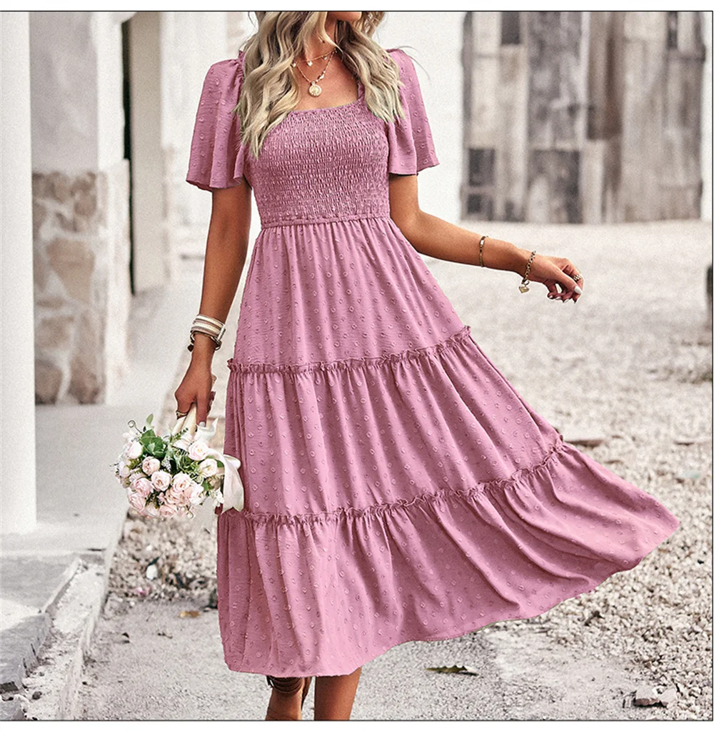 

Pink Women Elegant Long Dress 2023 New in Square Collar Smocked Maxi Dresses Bohemian Short Sleeve Ruffles Midi Summer Vestidos