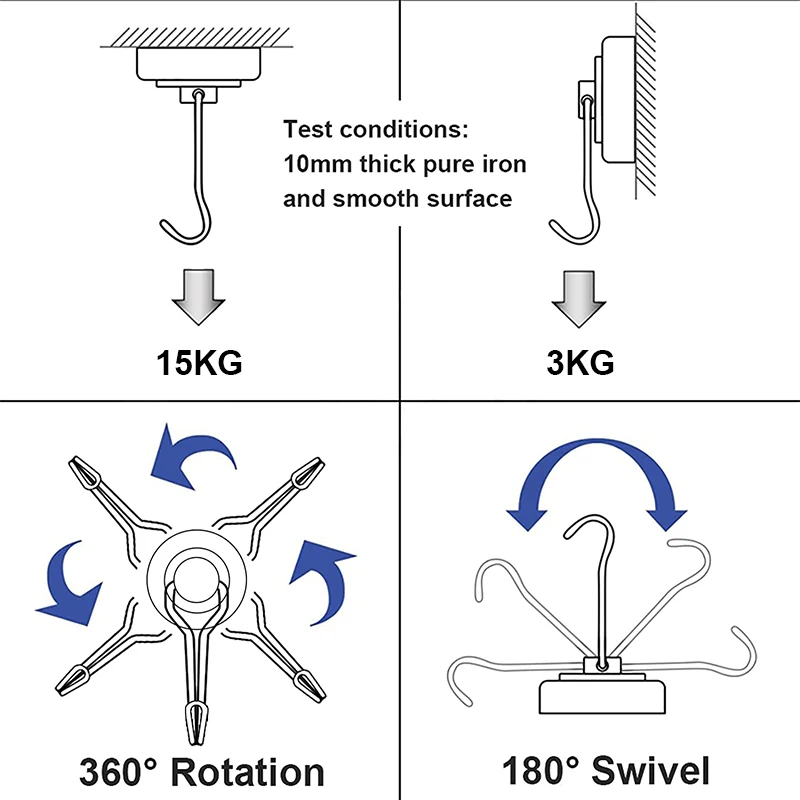 Description Picture 3 of item4/8/10Pcs Heavy Duty Magnetic Hooks Strong Neodymium Magnet Hook Black Silver Swivel Hook Kitchen Refrigerator Hanging Tools
