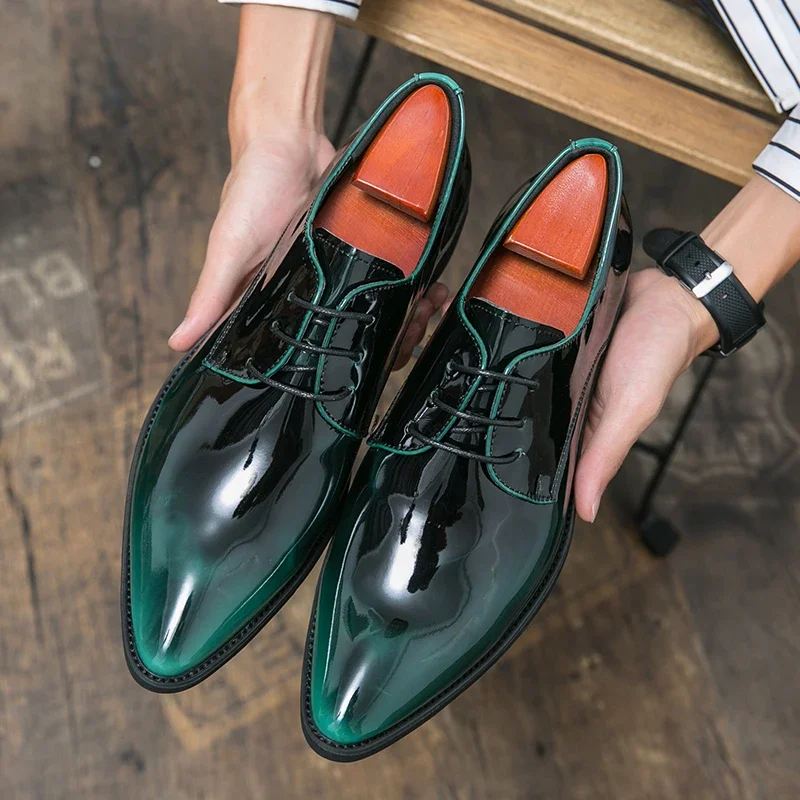 

Lace-up Shoes Mirror Oxfords Designer Green Men Luxury Leather Mocasines Face Business Dress Pointed Patent Formal