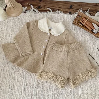 2024 New Autumn Winter Infant Baby Girls Clothing Set Long Sleeved Knitted Cardigan+Shorts Toddler Baby Knitted Clothes Suit 1