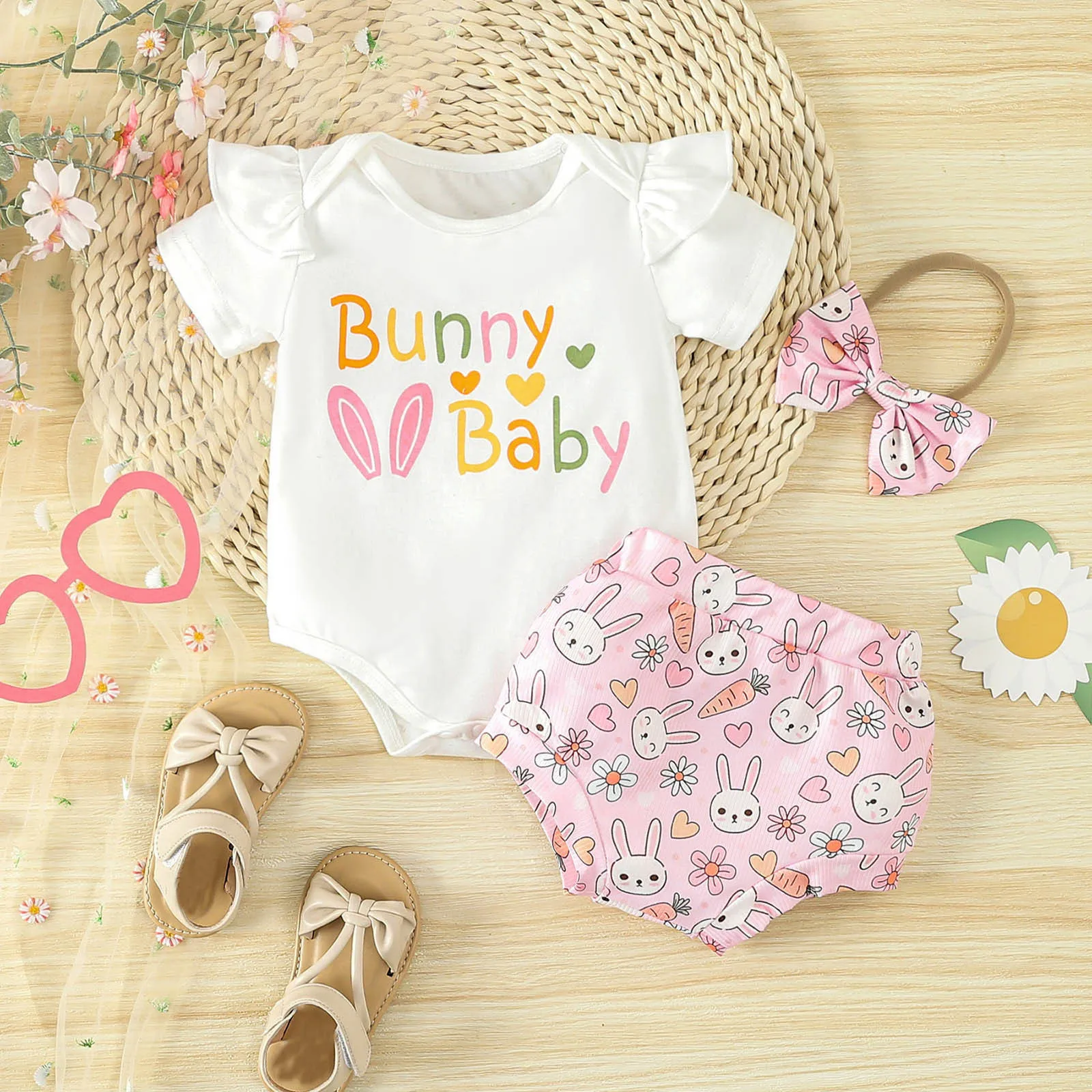 

Infant Girls Easter Outfits Short Sleeve Letter Print Romper Bodysuits Shorts With Headbands Newborn Outfits Baby Clothes 0-24M